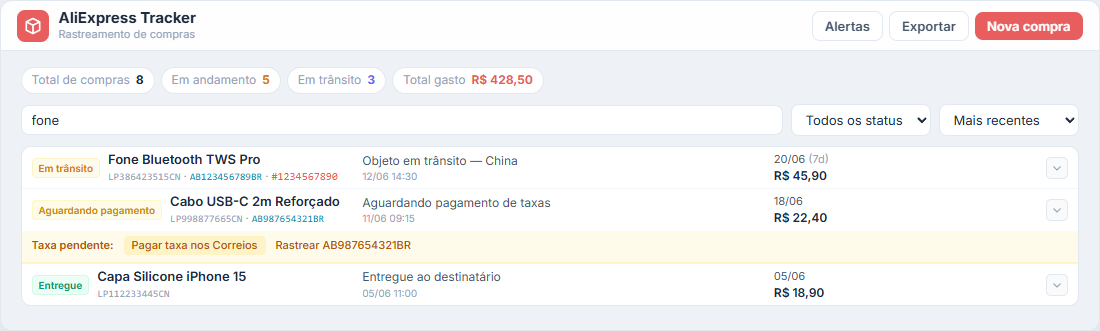 Painel com lista de pedidos e status coloridos