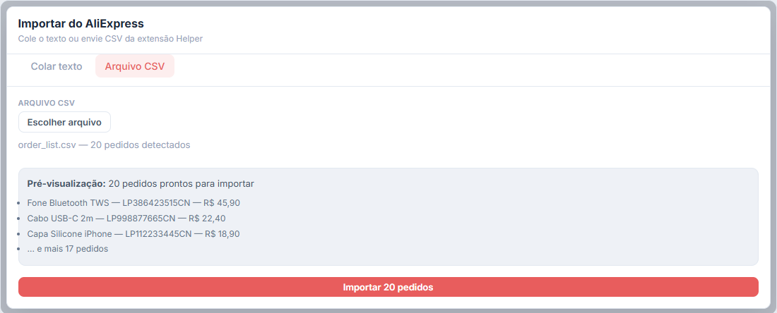 Importação de pedidos do AliExpress