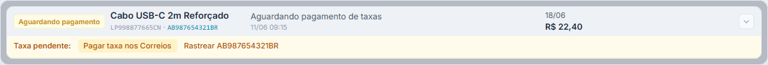 Lembrete de pagamento de taxa alfandegária